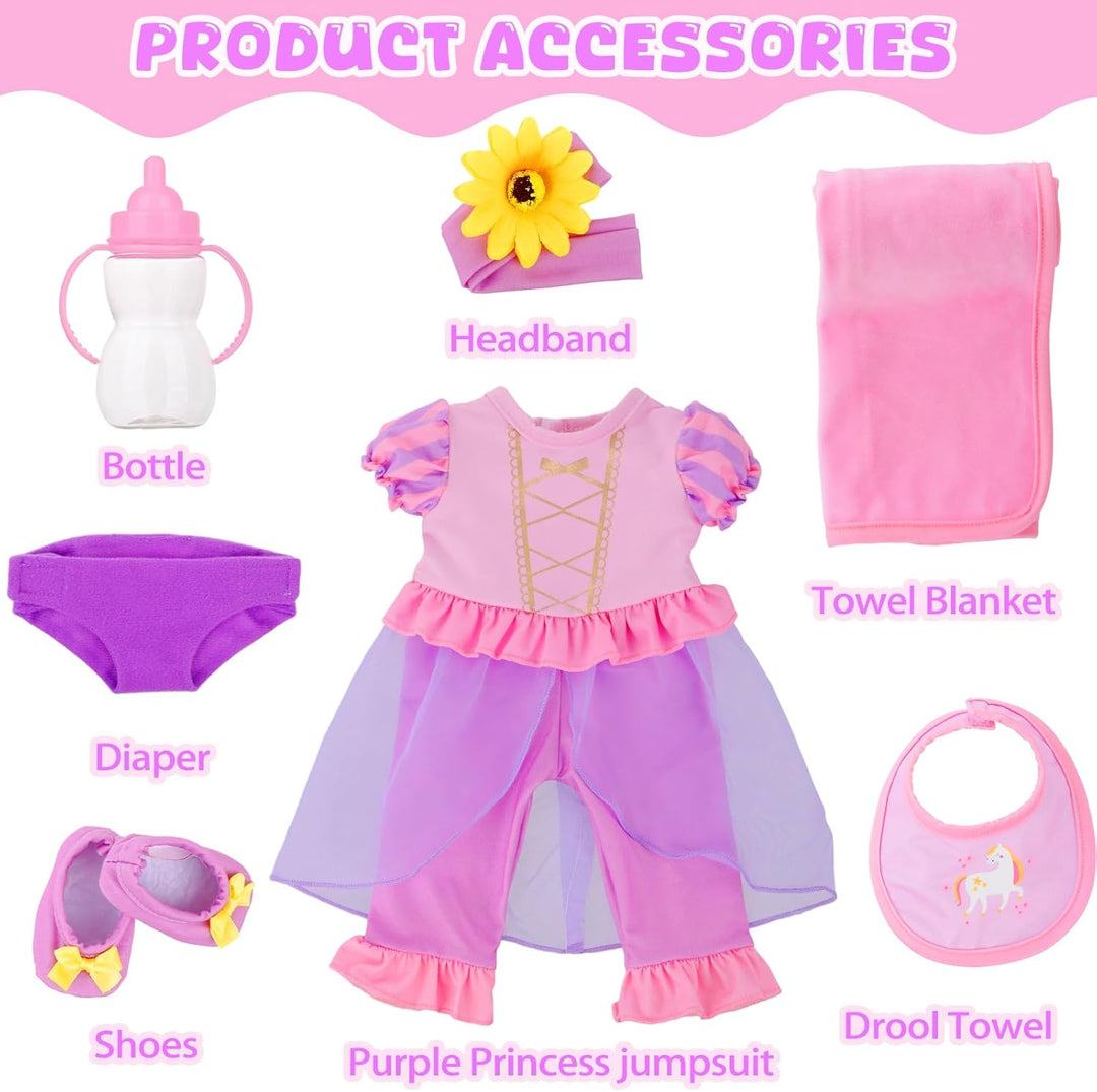 7 Teile Puppenkleidung für 40 bis 46 cm - Strampler Outfit und Zubehör Set Geschenk, ohne Puppe