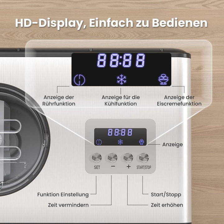 Acmeenjoy Eismaschine mit Kompressor 2L, Eismaschine Selbstkühlend Edelstahl 150W, mit Entnehmbarem
