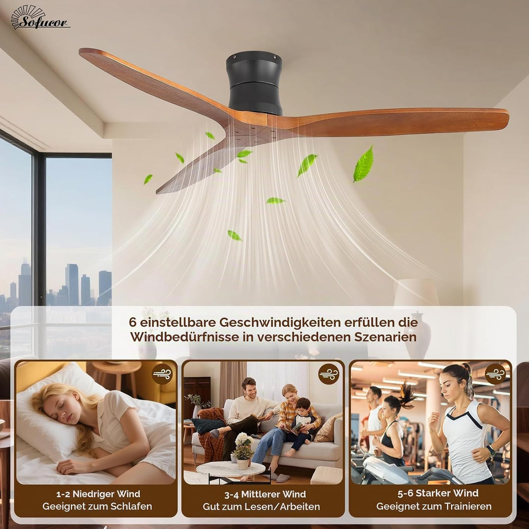 Sofucor Smart Deckenventilator mit Alexa/APP, 132cm Massivholz Deckenventilator mit Fernbedienung, W