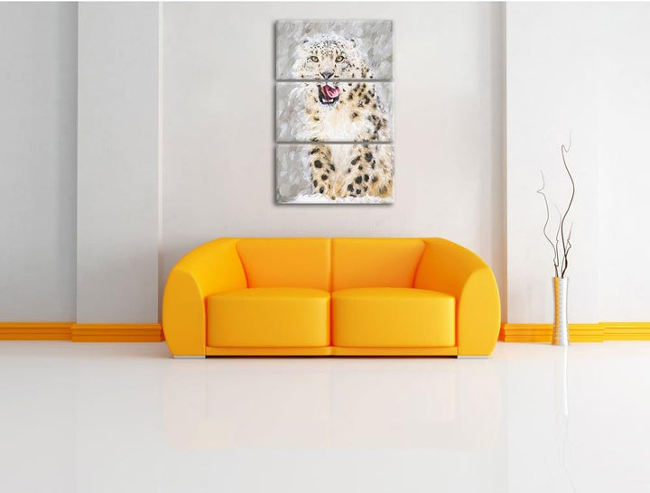 Pixxprint Leopard im Schnee Kunst Pinsel Effekt 3-Teiler Leinwandbild 120x80 Bild auf Leinwand