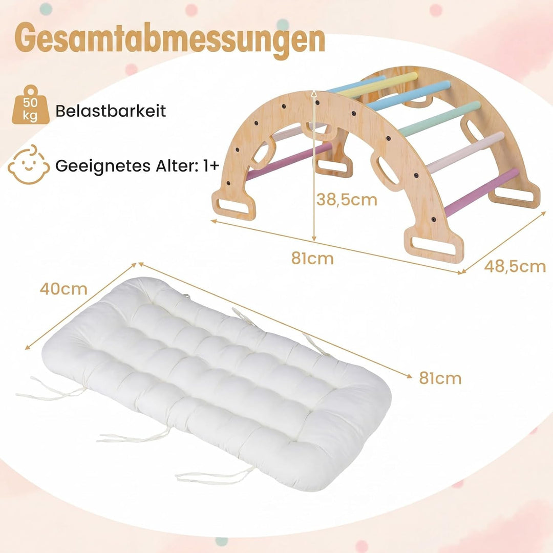 COSTWAY Kletterbogen Holz mit Kissen, Montessori Kletterwippe, Kletterdreieck zum Wippen, Klettern u