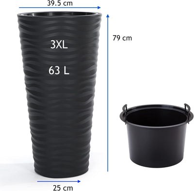 MELTOM Blumenkübel 3D Effekt Welle Slim Rund Einsatz Pflanzgefäss Set 3: XL XXL 3XL Anthrazit