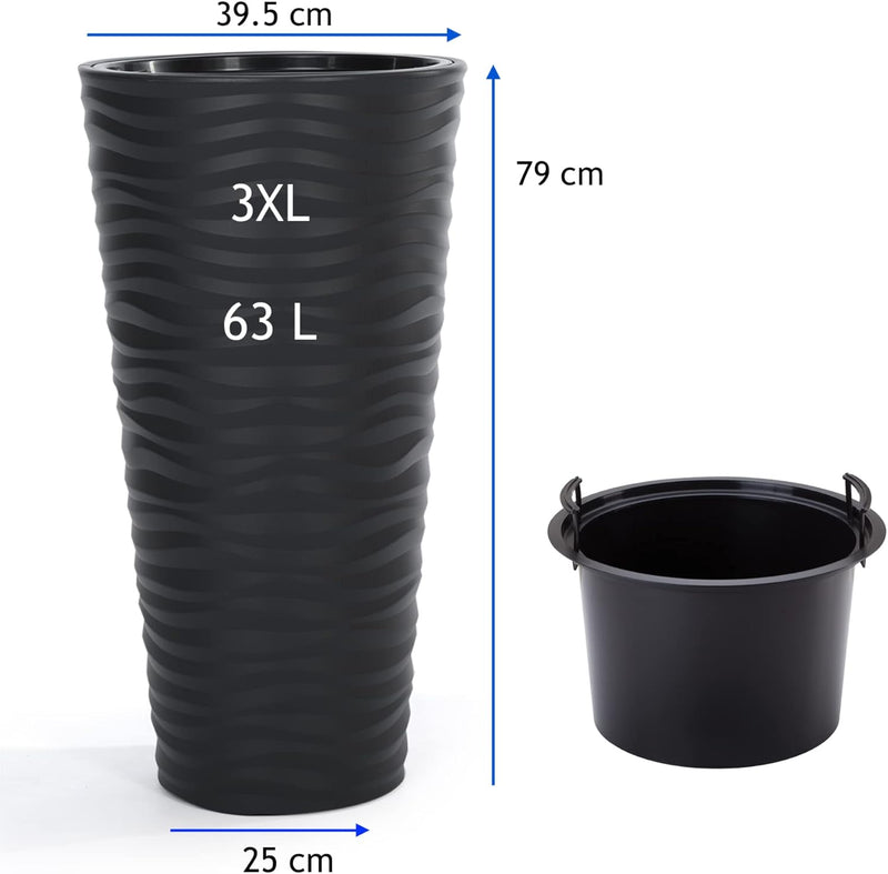 MELTOM Blumenkübel 3D Effekt Welle Slim Rund Einsatz Pflanzgefäss Set 3: XL XXL 3XL Anthrazit