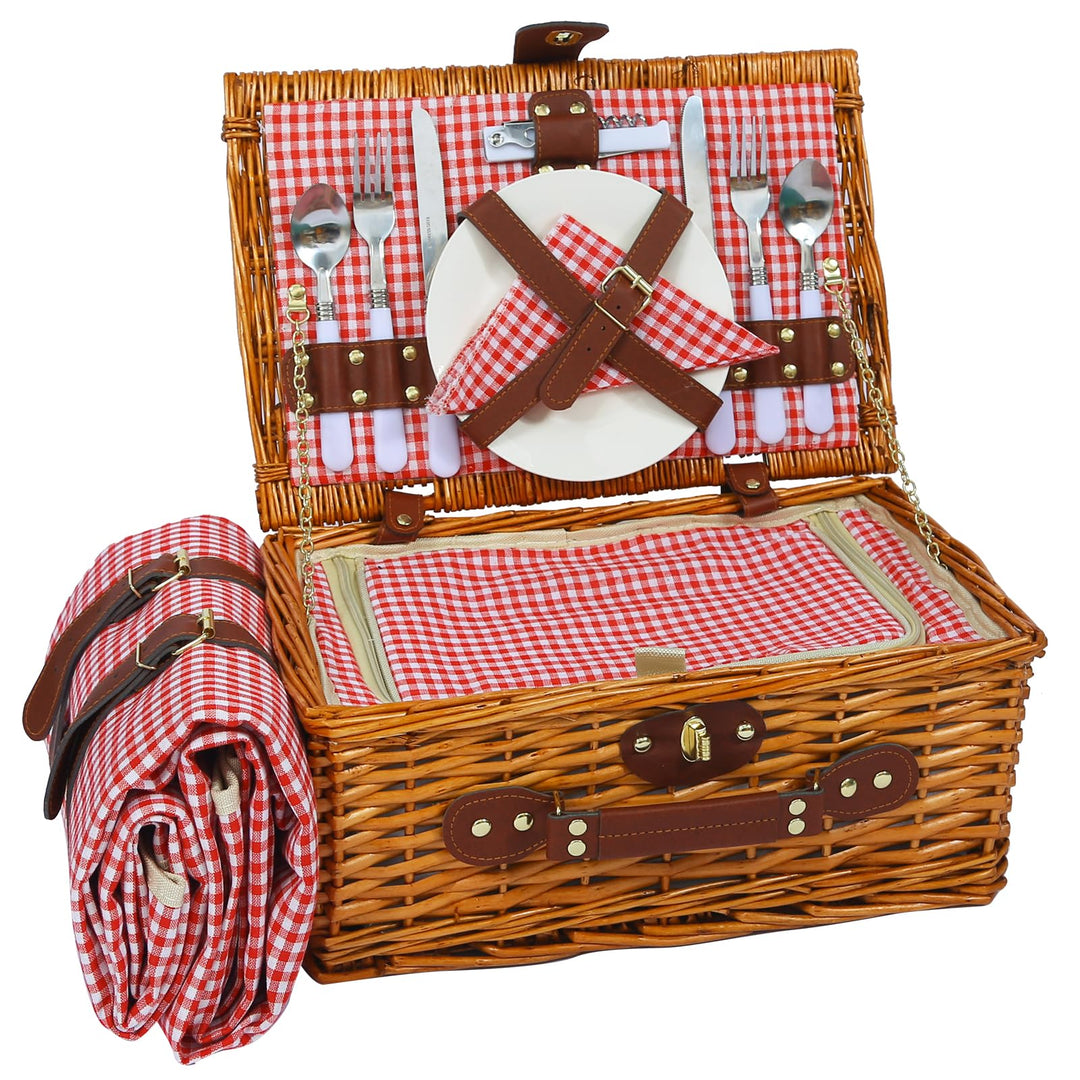 Picknickkorb Set für 2 Person mit Kühlfach und wasserdichte Picknickdecke, Abnehmbarer Riemen, Weinb