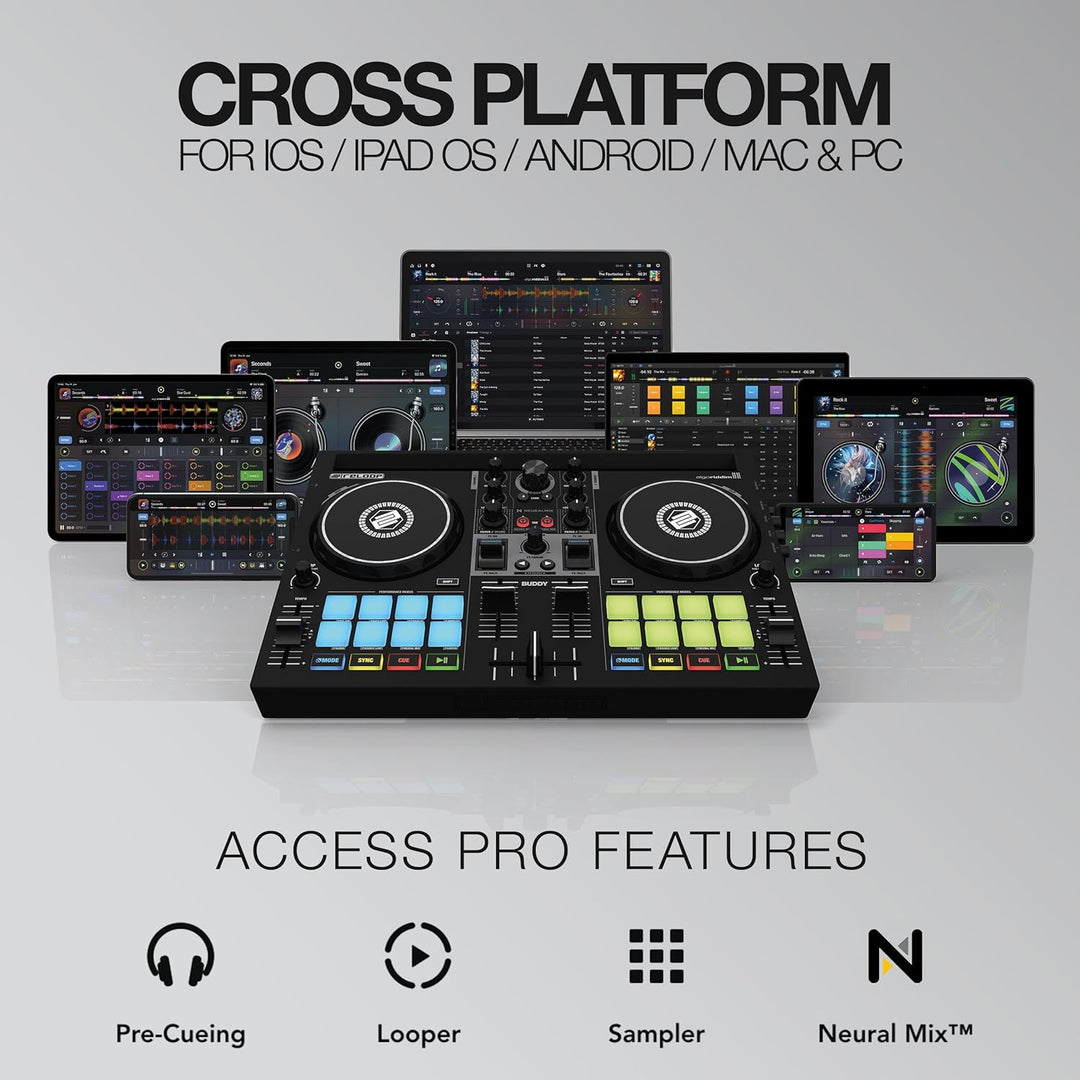 Reloop Buddy Kompakter 2-Kanal DJ Controller für Algoriddim DJay auf iOS, PadOS, Android, Mac und PC