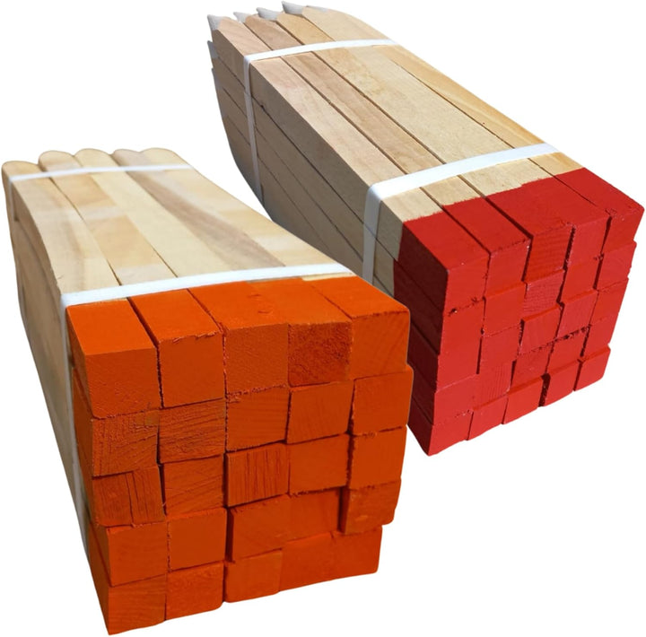 50 Stück Holzpfähle aus Buche Orange Lackierter Spitze Quadratisch Längen 80 cm Markierungspfosten H