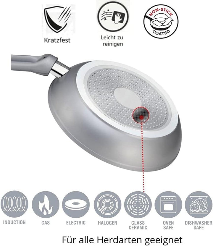 Pfannen Set silber - 3 Pfannen 28 cm + 24 cm + 20 cm Antihaft Beschichtung Pfanne, Induktion, Gas, C