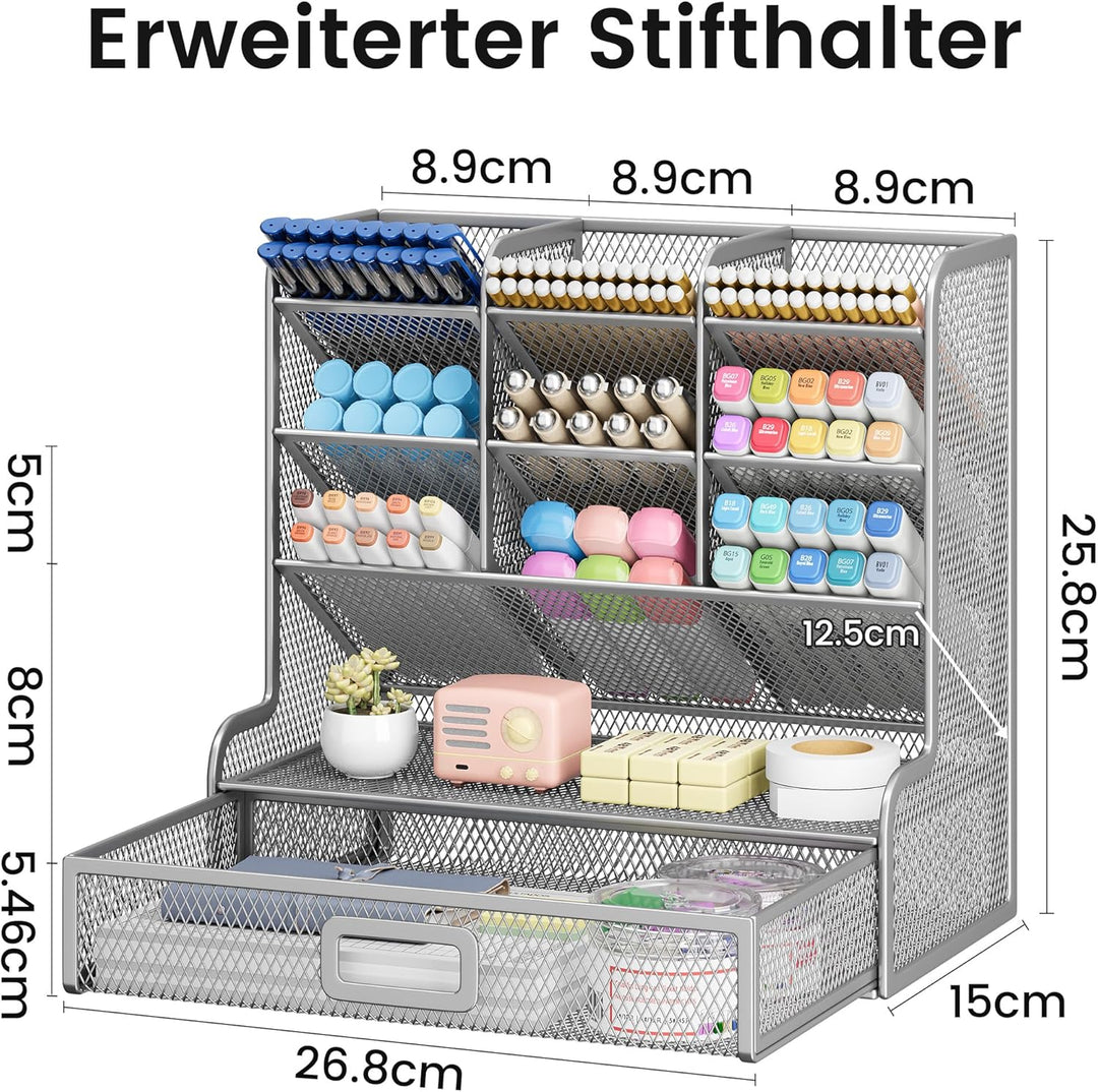 VITVITI Schreibtisch Organizer, 9 Fächer Stiftehalter mit Schublade, Netz Stifte Regal aus Metall, S