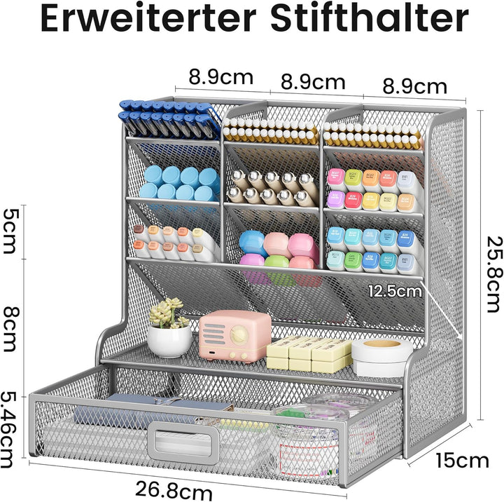 VITVITI Schreibtisch Organizer, 9 Fächer Stiftehalter mit Schublade, Netz Stifte Regal aus Metall, S
