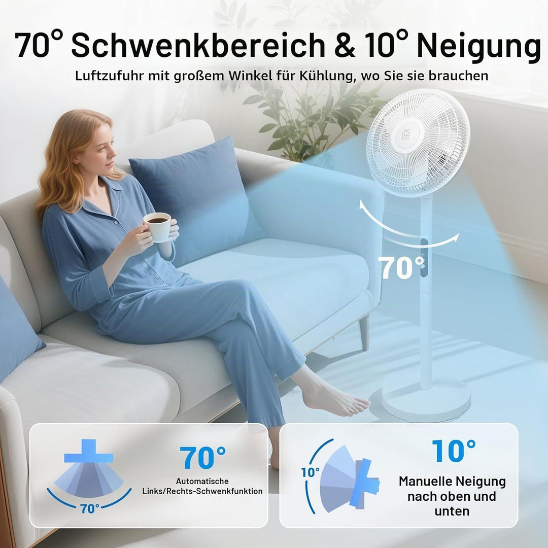 EXTRASTAR Standventilator 12 Zoll mit 3 Windstufen, 70° automatischer Schwenkfunktion &amp; 10° manuelle