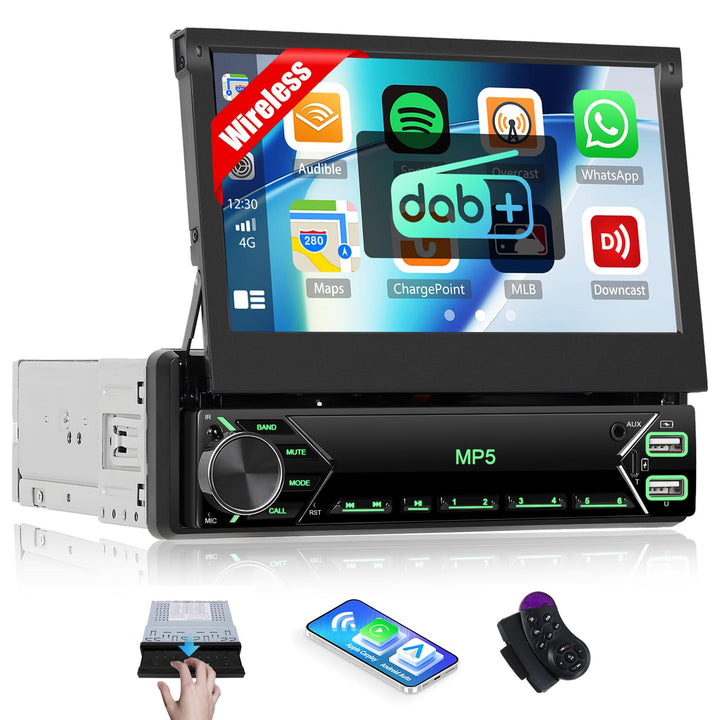 CAMECHO 1 Din DAB Autoradio mit Wireless Carplay Android Auto Mirror Link, 7 Zoll Manuelle Ausfahrba