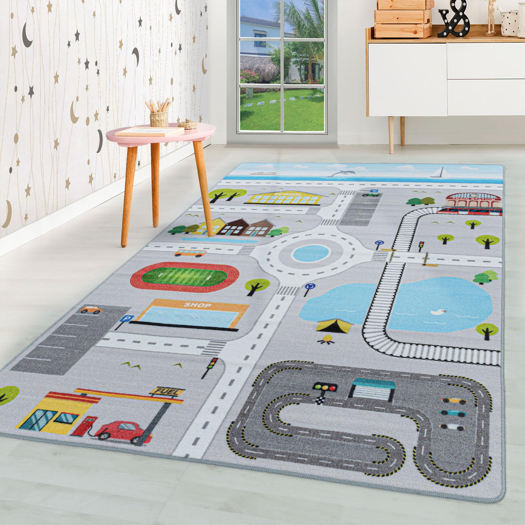 HomebyHome Kinderteppich Strasse Verkehr Design Grau 120x170 cm - Kurzflor Teppich Kinderzimmer Rech