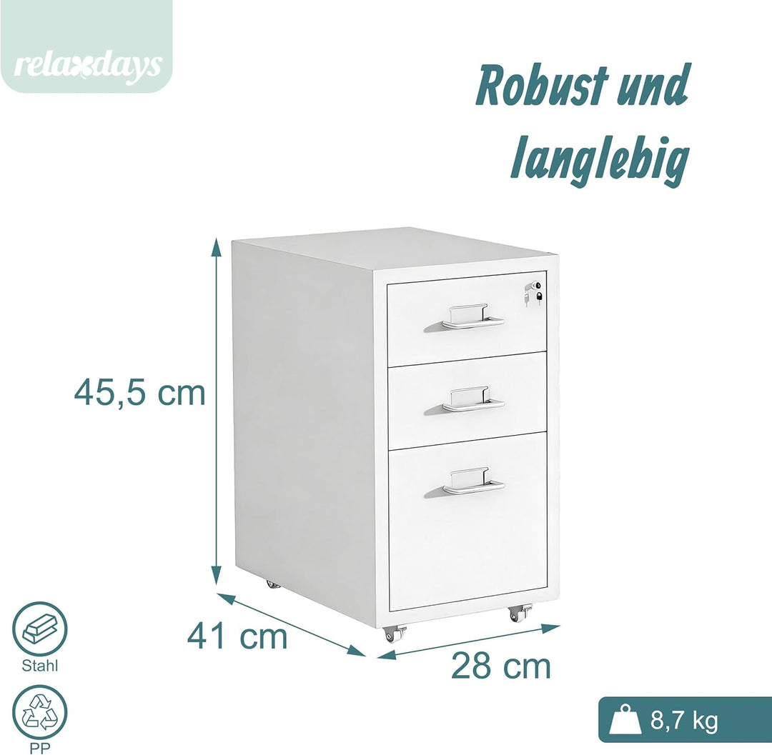 Relaxdays Rollcontainer, 3 Schubladen, HxBxT: 45,5 x 28 x 41 cm, abschliessbar, Aktenschrank auf Rol