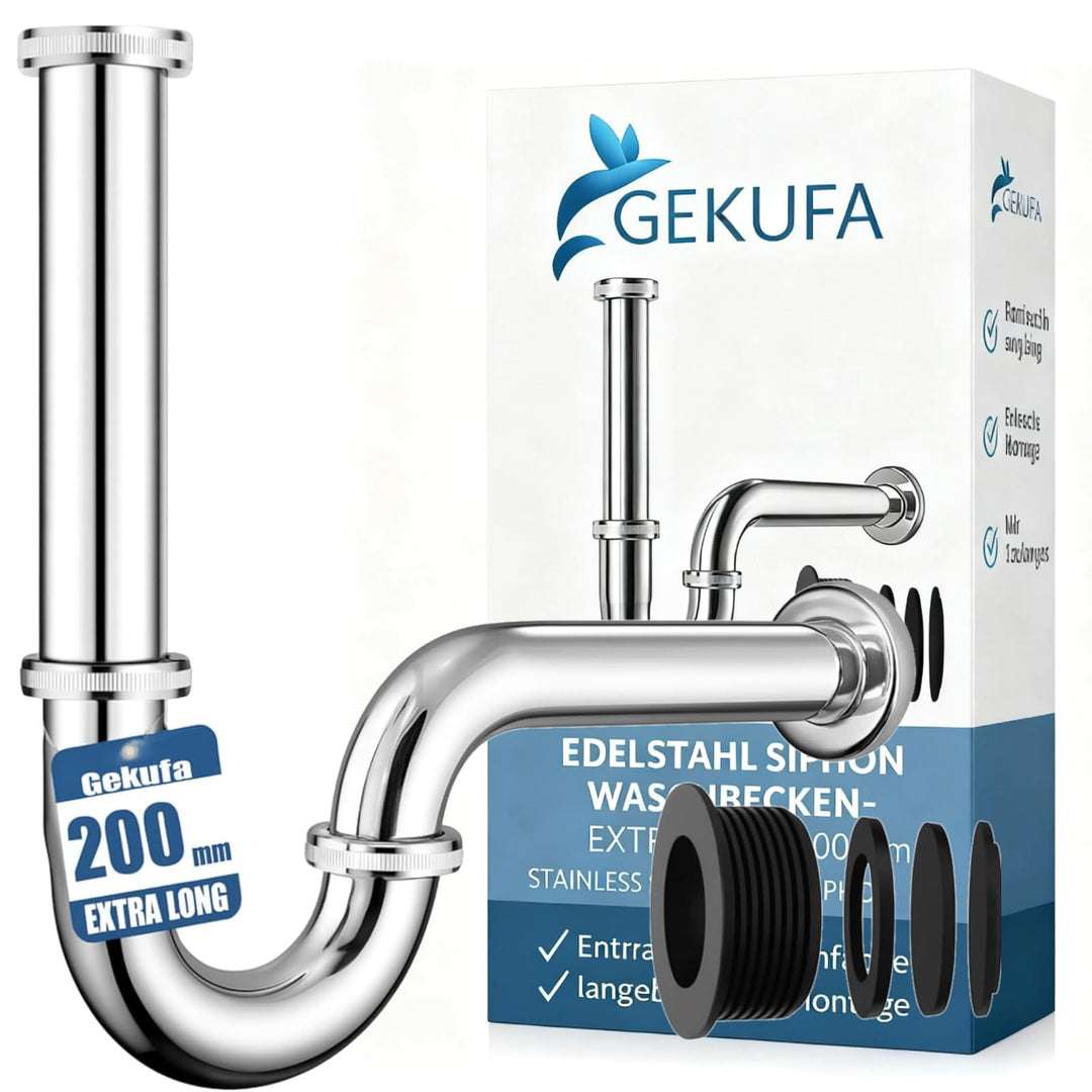 Universal Siphon Waschbecken 200mm Extra Lang G1-1/4" Edelstahl Abflussrohr, Ablaugarnitur Waschbeck
