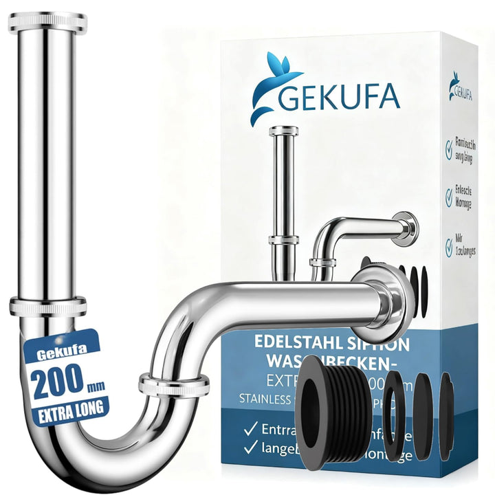 Universal Siphon Waschbecken 200mm Extra Lang G1-1/4" Edelstahl Abflussrohr, Ablaugarnitur Waschbeck