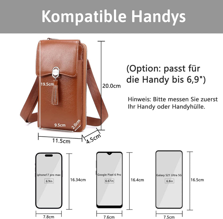 Pearl Angeli Weiches Echtes Leder Handy Umhängetasche - Handytasche Geldbörse Damen RFID Schutz klei