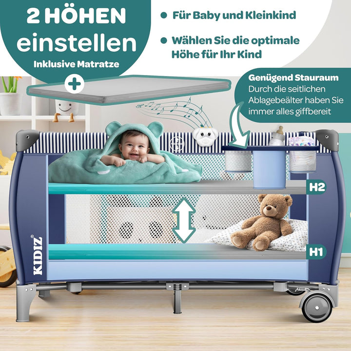 Kidiz® Babybett Reisebett Kinderreisebett klappbar mit Matratze & Räder 120x60, Seiteneingang, Wicke