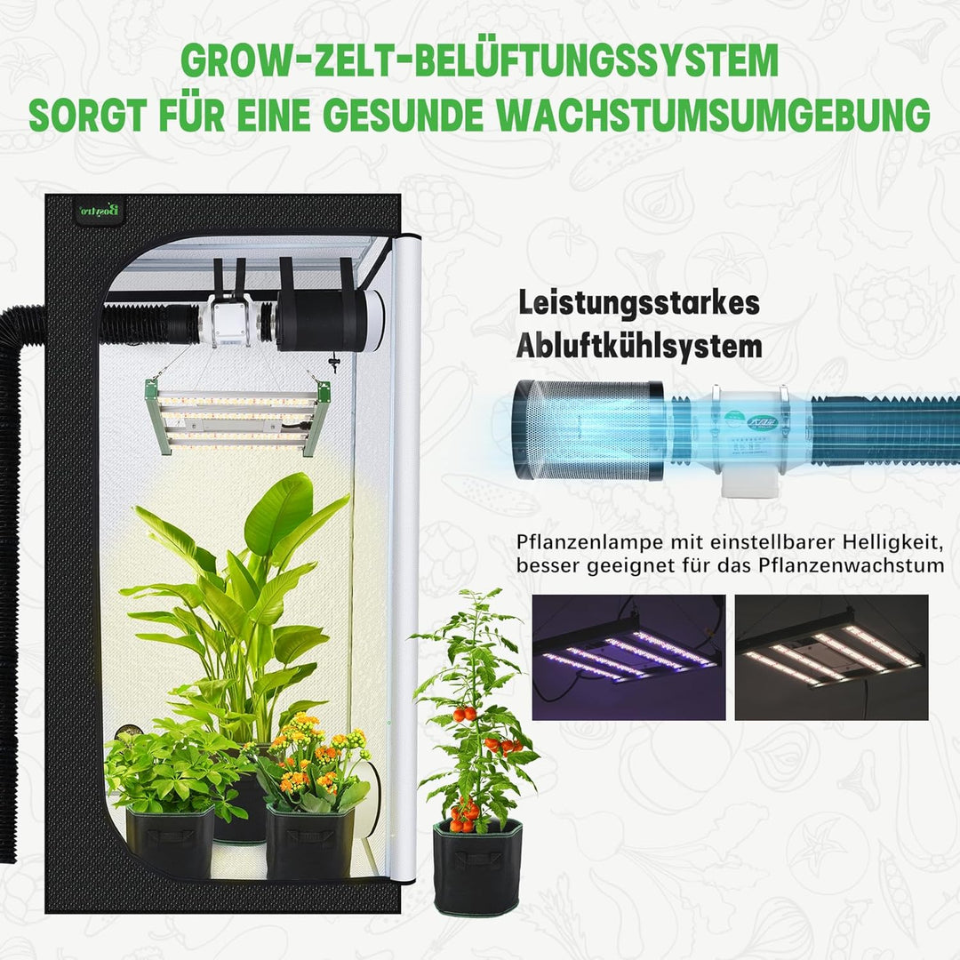 Growzelt Komplettset,Led Grow Tent Kit,120W LED Grow Lampe Vollspektrum,Komplettes Hydroponics 600D
