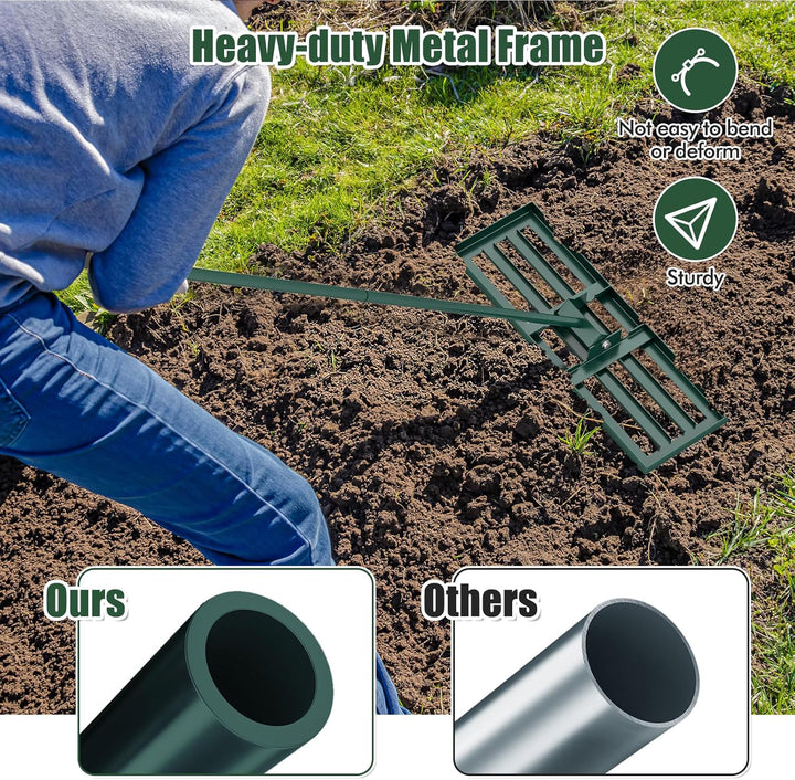 HOMASIS Rasen Nivellierrechen, Metall Rasenrakel mit 170cm ergonomischem Stiel & Griff, Rasenrechen