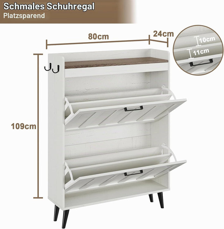 Schuhschrank Schmal mit 2 Klappschubladen, Landhausstil Schuhaufbewahrung für Flur Wohnzimmer, Kipps