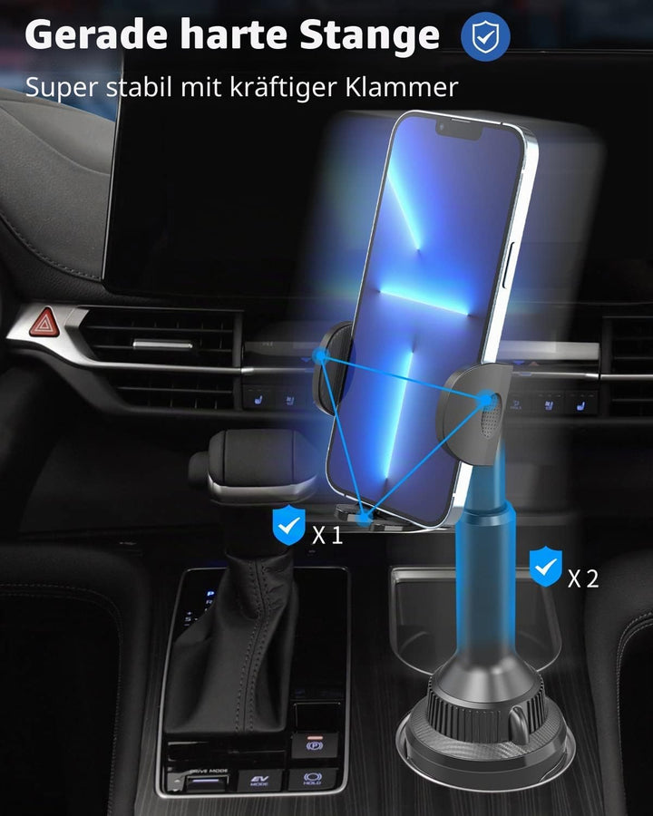 OQTIQ Handyhalterung Auto Getränkehalter – Tasten-Entriegelung &amp; 360° Kugelgelenk | Ausziehbarer Arm