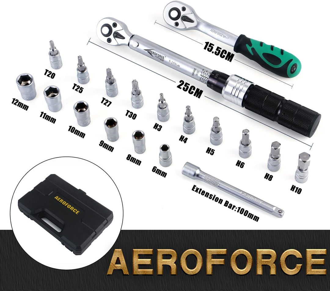 AEROFORCE Drehmomentschlüssel-Set 1/4-Zoll 19tlg (5,0-25,0 Nm) mit Dual-Richtungsumkehr, einstellbar
