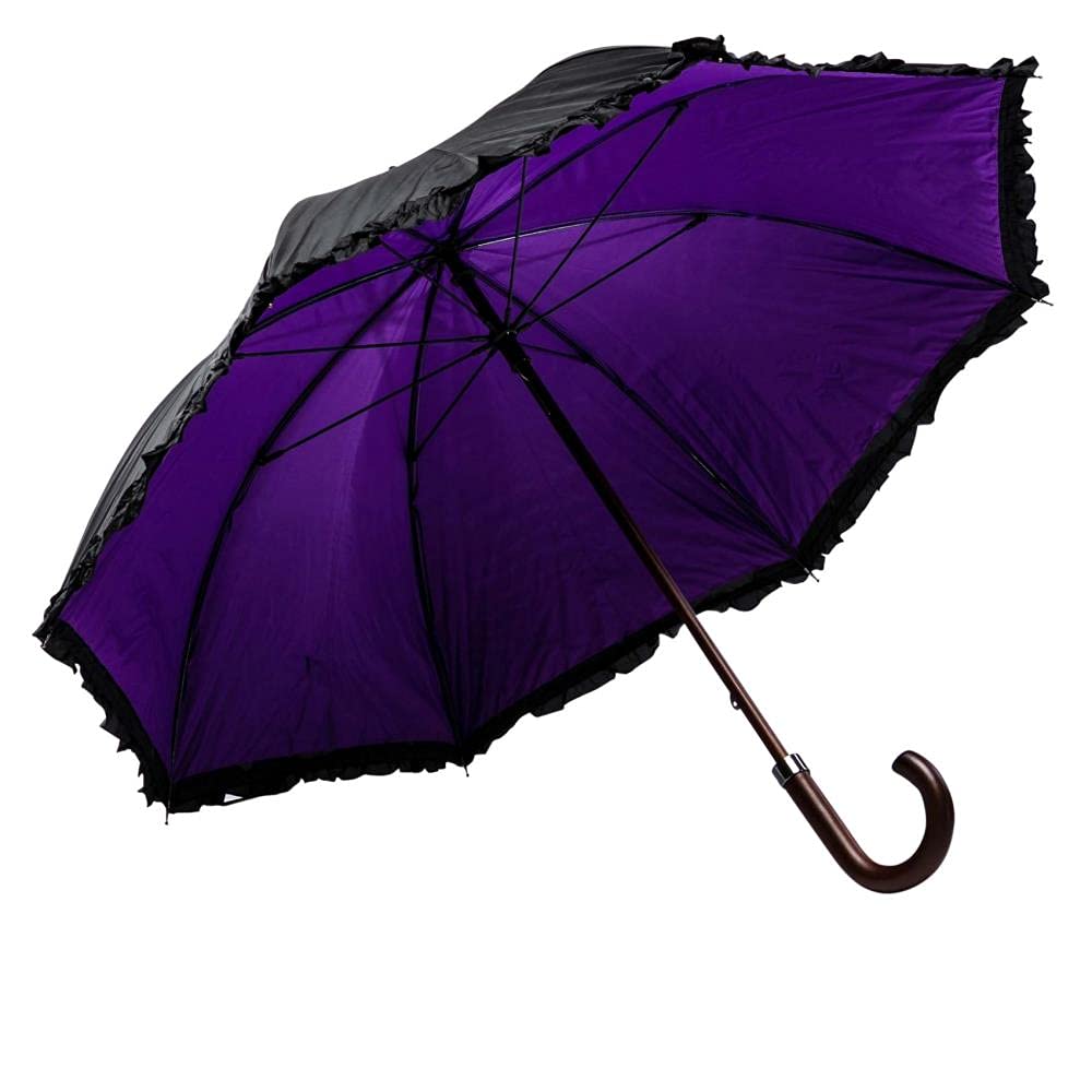 LUCKYWEATHER Regenschirm Stockschirm Damen Rüschenschirm schwarz/violett Holzstock Double Layer I St