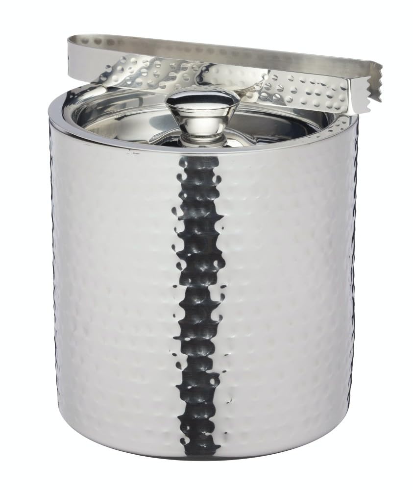 BarCraft Eiskübel, Edelstahleimer mit Deckel und Zange in silberner Hammerschlagoptik, 1,5 Liter, 15