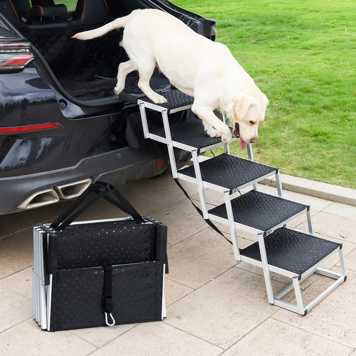 Uross Hundetreppe für Auto - 5 Stufen Zusammenklappbare Rampe für Auto und SUV, Aluminium-Treppe für