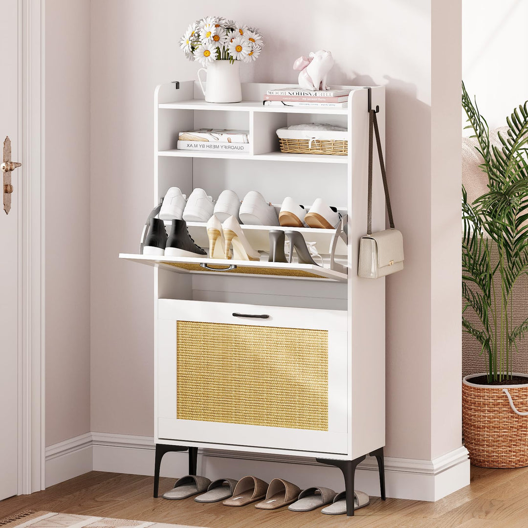 Dripex Schuhschrank schmal, Schuhkipper mit Rattan-Dekor, mit 2 Flip-Schubladen,Schuhregal schmal mi