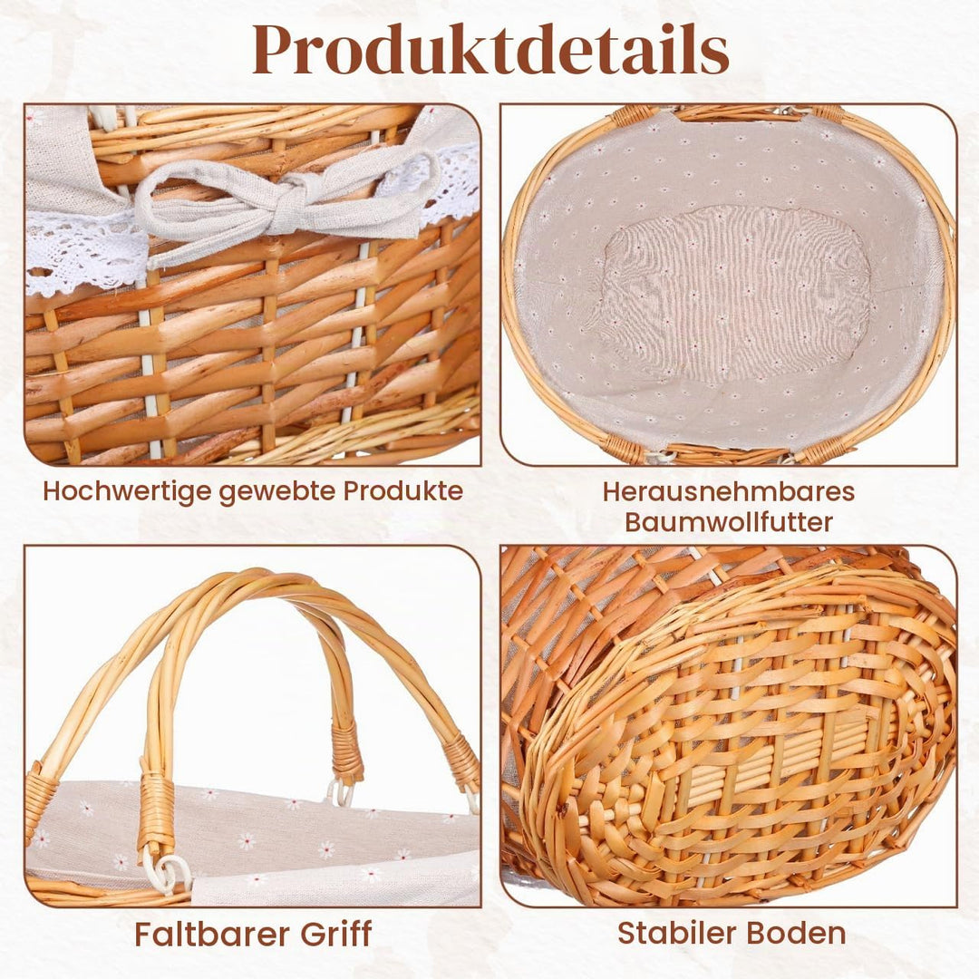 Toyvian Korb mit Griff - Gewebtes Weidenpicknickkorb-Set mit Liner Ovaler Aufbewahrungskorb ohne Inh