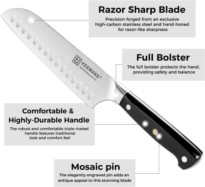 KEEMAKE Santoku Messer 17cm, Kochmesser profi messer aus deutschem Messerstahl, Scharfes Küchenmesse