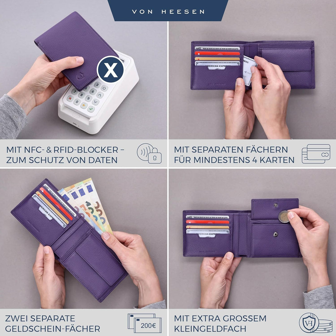 VON HEESEN Leder Geldbörse RFID Schutz I Echtleder Geldbeutel für Damen & Herren I Portemonnaie Brie