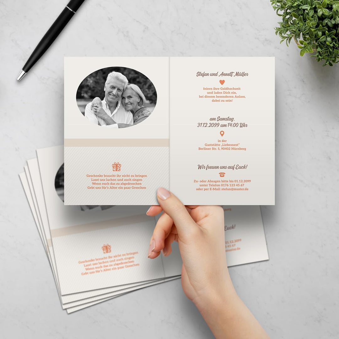 Kartenmachen.de 10 x Goldene Hochzeit Hochzeitseinladungen Goldhochzeit individuell Einladungskarten