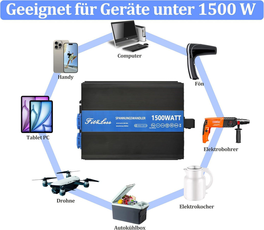 Reiner Sinuswelle Wechselrichter DC12V auf AC230W 50Hz mit Dual Shuko Buchsen, DC5V USB-Anschluss, L