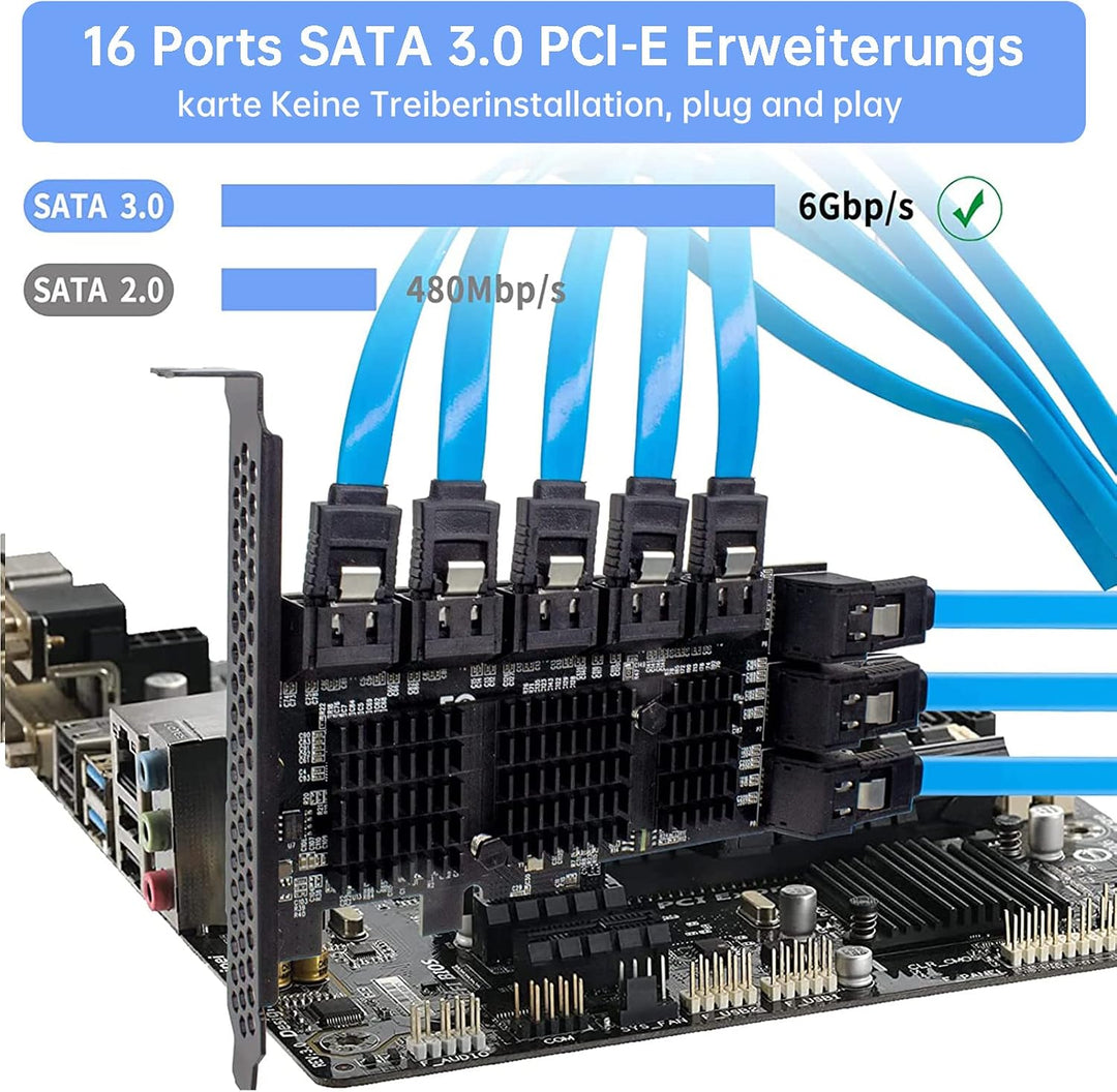 PCIE zu 16 SATA Ports PCIE SATA Controller Karte, 6 Gbps SATA 3.0 Controller, Kommt mit 16 SATA-Date