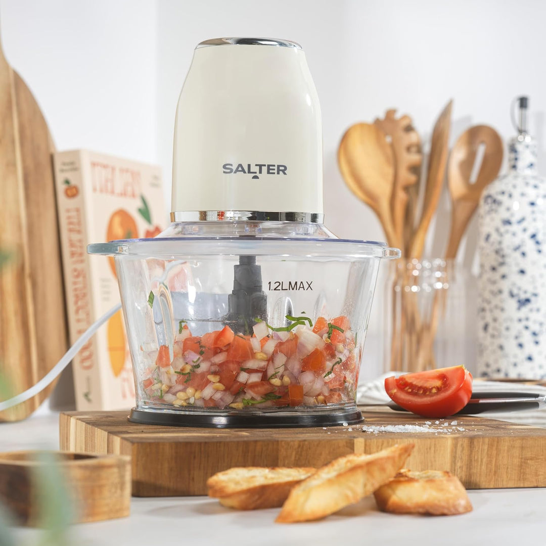Salter Retro Cream Food Chopper - Elektrisch 1,2 Liter, 2 Geschwindigkeitsstufen, Doppelte Edelstahl