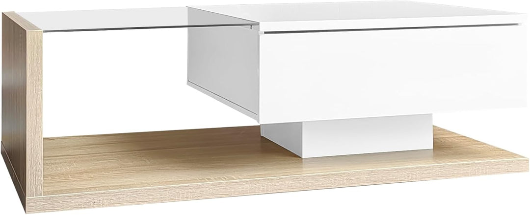Merax Wohnzimmertisch, LED Couchtisch mit Schubladen, Hochglanz Kaffeetisch mit Stauraum, Modern Cof