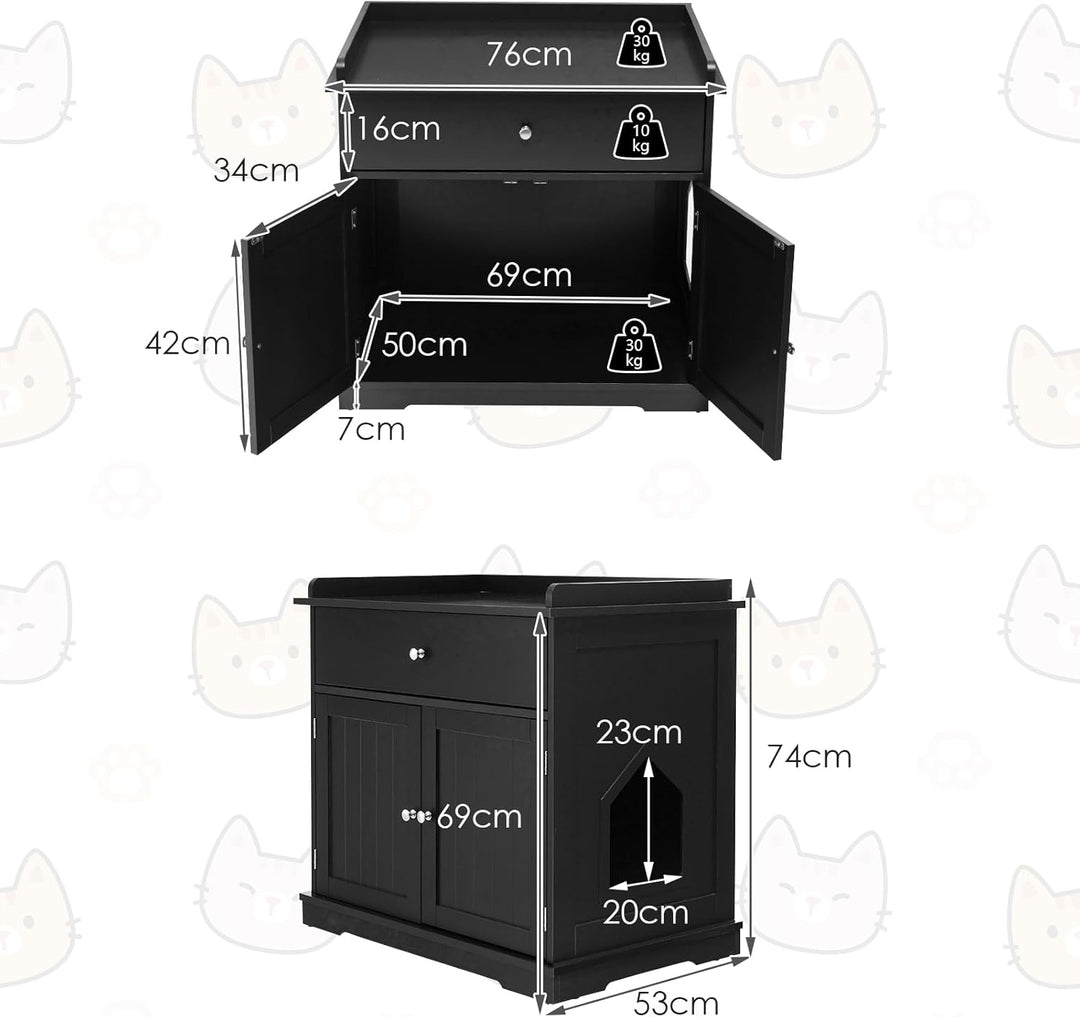 GOPLUS 3 in 1 Katzenschrank, Katzenklo mit Schubladen, Doppeltüren und Katzenlöchern, versteckte Kat