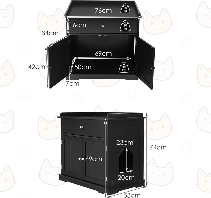 GOPLUS 3 in 1 Katzenschrank, Katzenklo mit Schubladen, Doppeltüren und Katzenlöchern, versteckte Kat
