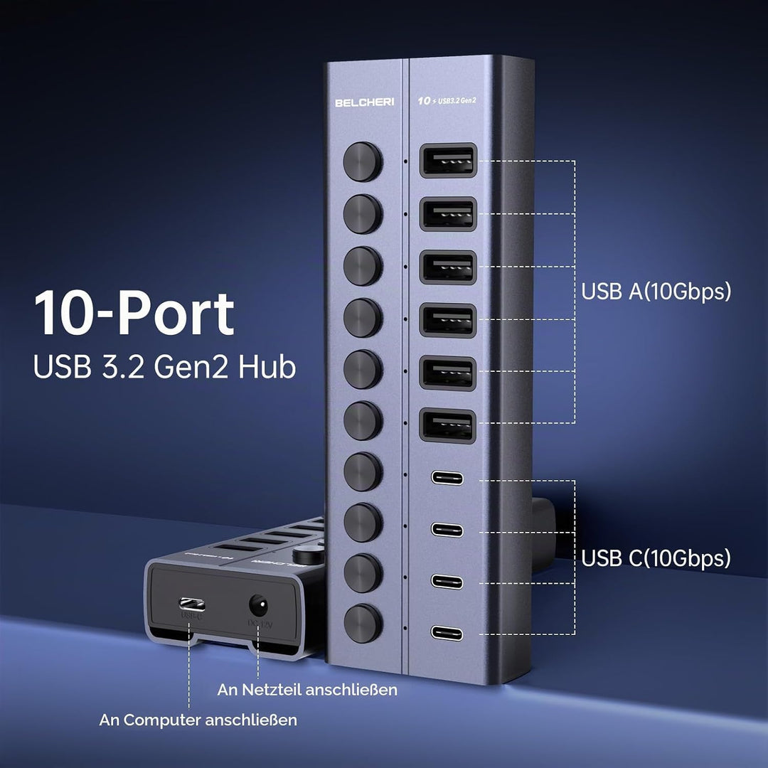 USB Hub mit Netzteil, 10-Port USB 3.2 Gen 2 10Gbit/s Aktiv Hub, Vollaluminium mit 60W (12V 5A) Power
