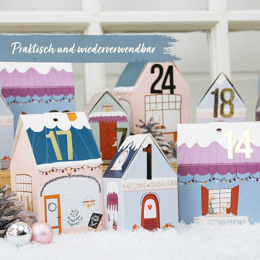 Papierdrachen DIY Adventskalender zum Basteln und Befüllen - Häuser Set - Weihnachtsdorf bunt - 24 b