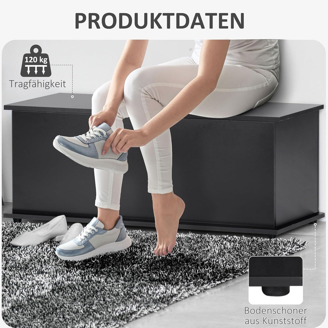 HOMCOM Truhe Aufbewahrungsbox Sitztruhe mit Stauraum Sicherheitsscharniere Holzkiste mit klappbarem