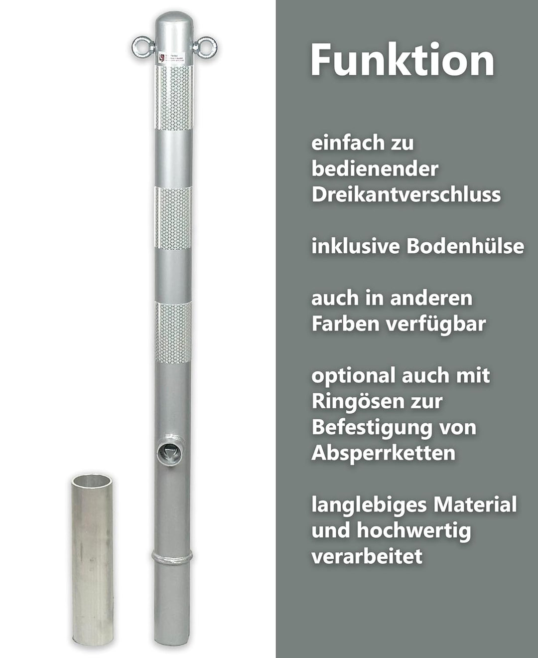 ES-Team UVAP80.04 Absperrpfosten Ø60mm x 1300 mm Stahl verzinkt, Herausnehmbar DIN 3223 Dreikant und