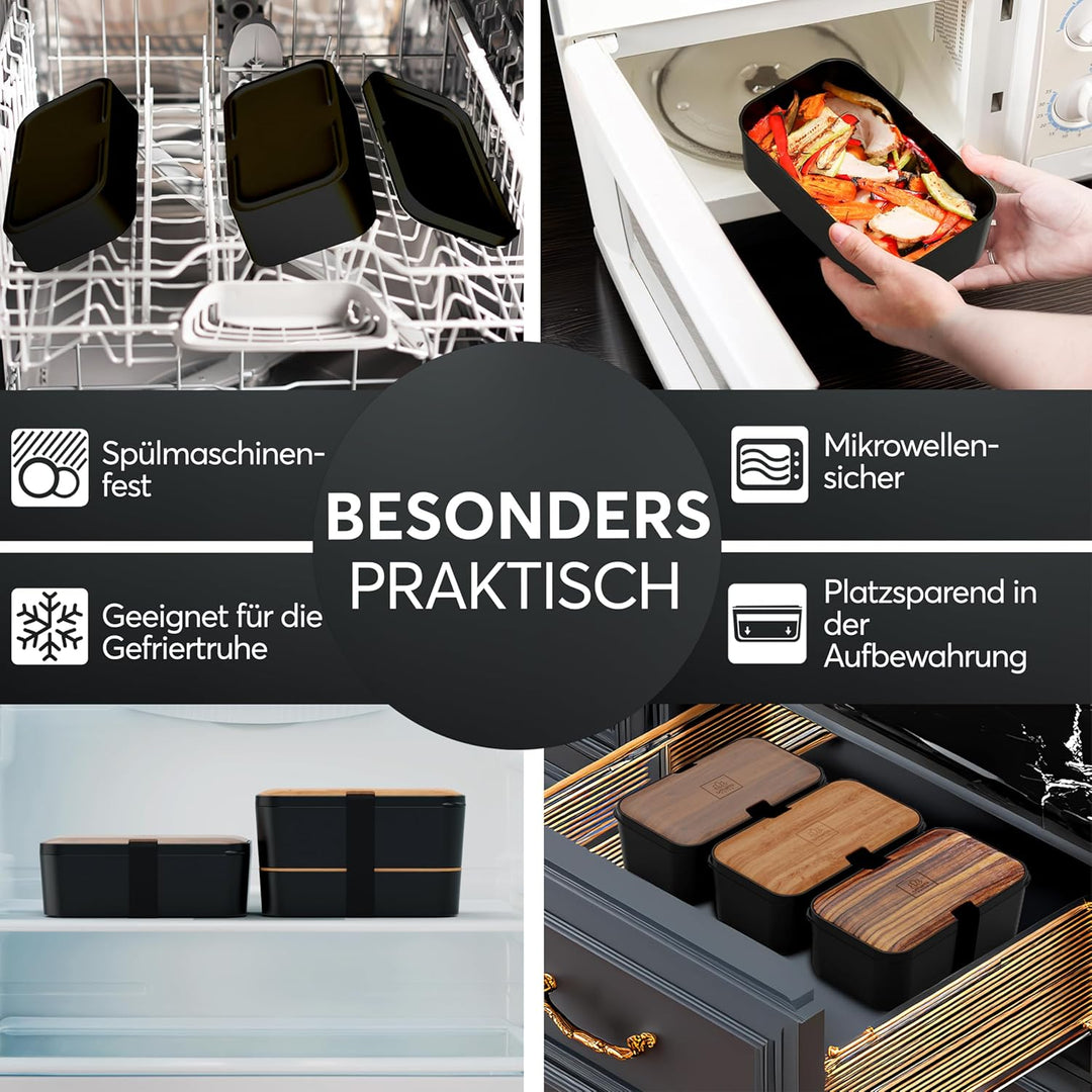 Umami Premium Lunchbox Erwachsene, Verschachtelbar Auslaufsichere Bento Box mit 4 Bestecke & Fächern