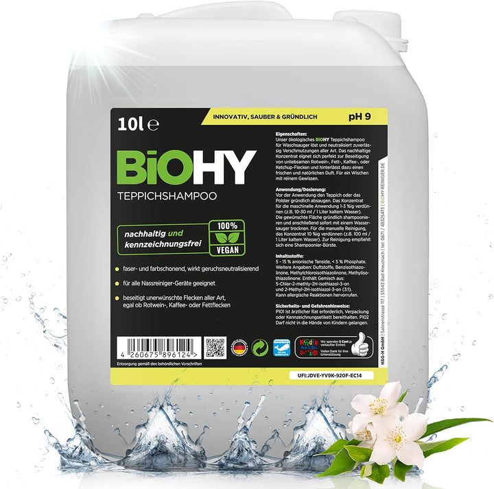 BiOHY Teppichshampoo (10 Liter Kanister) | Teppichreiniger Konzentrat | ideal gegen hartnäckige Flec