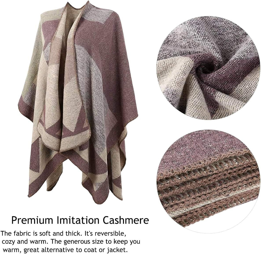 Shmily Girl - Damen Poncho Habe Gestrickt Überdimensionalen Decke Kap-Schal A - Beige Blockfarbe, A