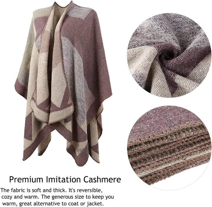 Shmily Girl - Damen Poncho Habe Gestrickt Überdimensionalen Decke Kap-Schal A - Beige Blockfarbe, A
