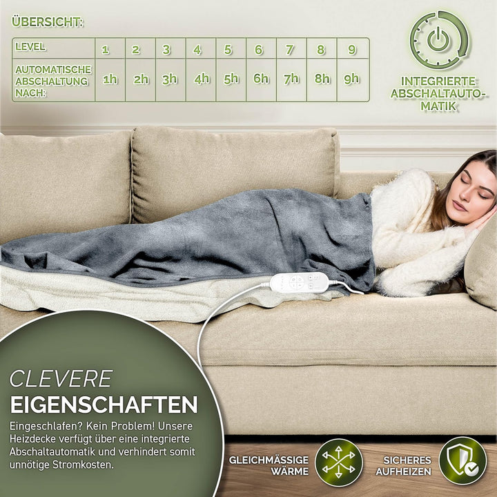 Heizdecke mit Abschaltautomatik 180 x 130 cm | Elektrische Wärmedecke mit 9 Temperaturstufen | Kusch