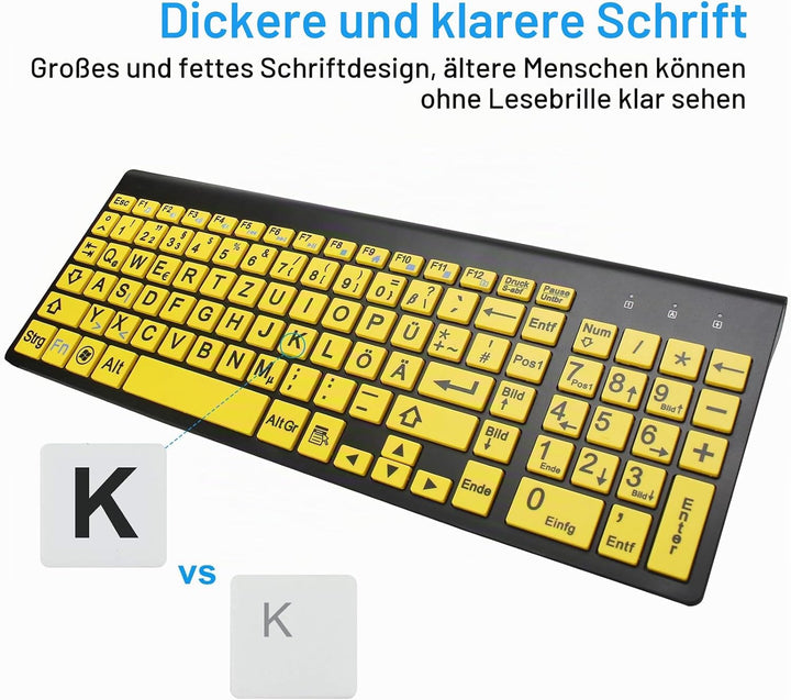 Kabellose Tastatur und Maus Set mit Grossen Buchstaben (Deutsches QWERTZ) für Senioren &amp; Sehbehinder